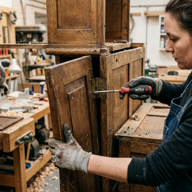 Worker dismantling wooden cabinet